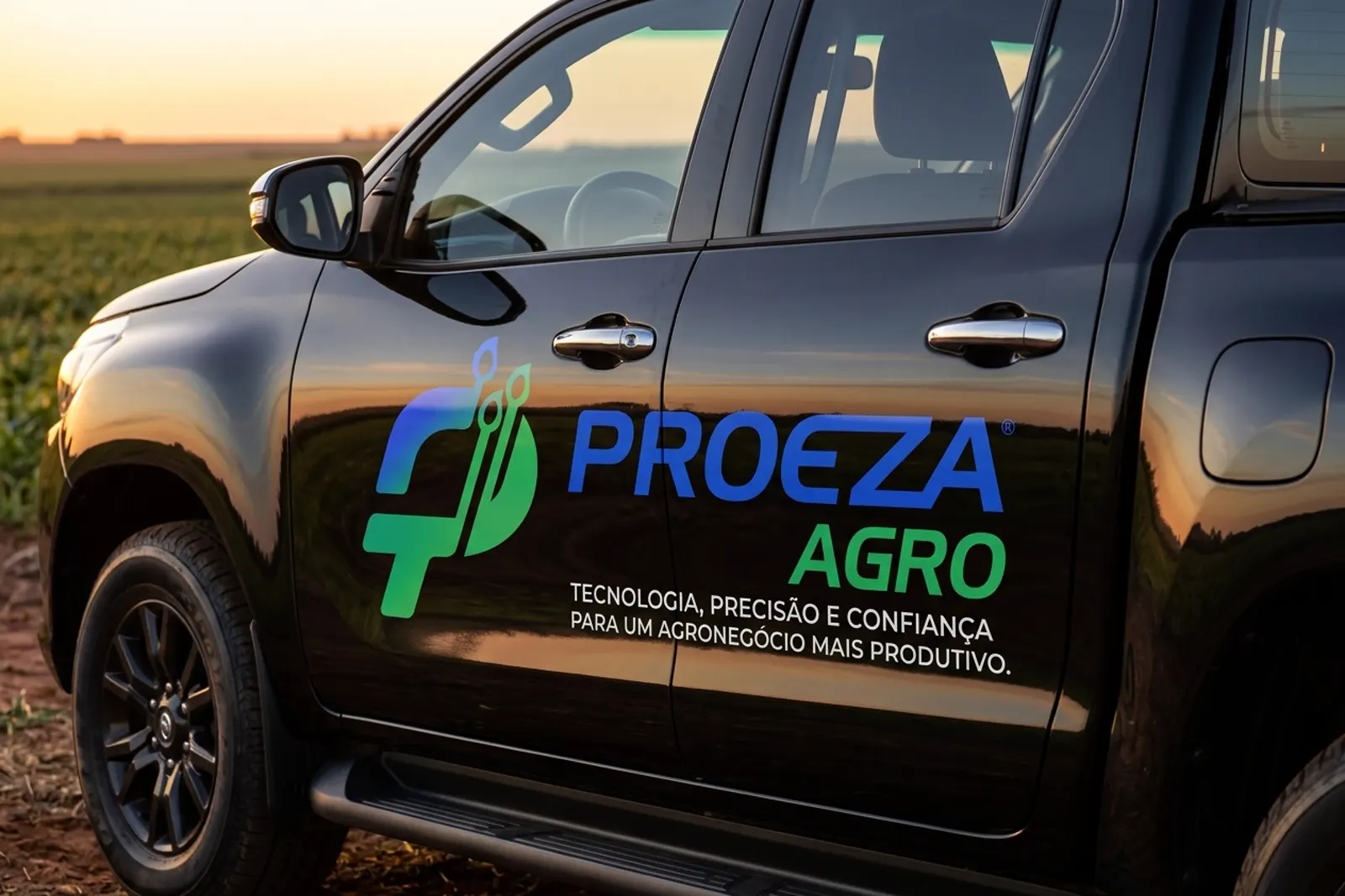 Caminhonete da frota ProezaAgro com a marca plotada na porta, em lavoura ao entardecer